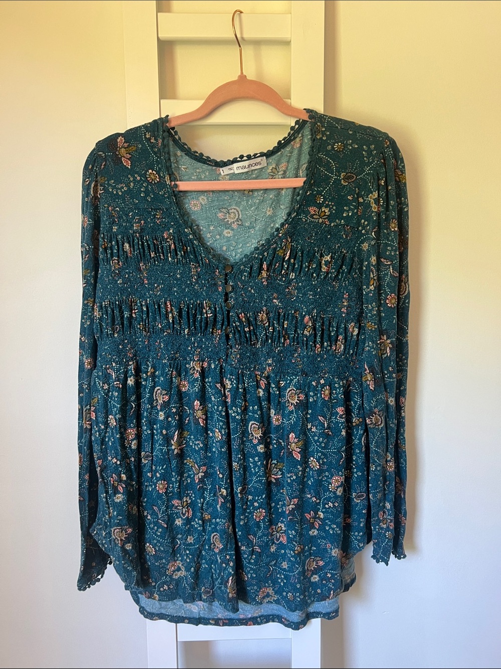 Maurices Teal Floral Smocked V-Neck Tunic